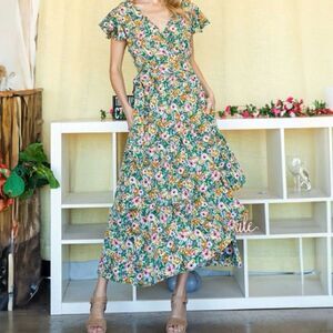 Cotton Bleu Tiered Ruffle Hem Floral Print Faux Wrap Maxi Dress Women’s Size XL